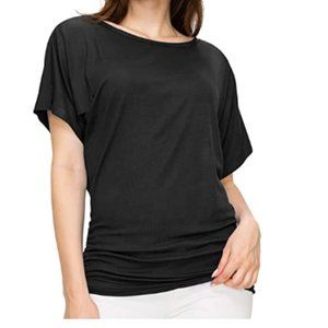 Women's Solid Short Sleeve Boat Neck V Neck Dolman Top with Side Shirring